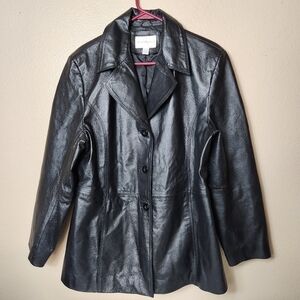 Worthington Womens Black Leather Notch Collar Buttonfront Jacket-Size XL
